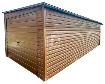 Blechgarage 3,5x8m + Überdachung 1m - Schwingtor - Tür - Dachrinnen - Goldene Eiche - Holzoptik Dach mit seitlichem Gefälle ID612
