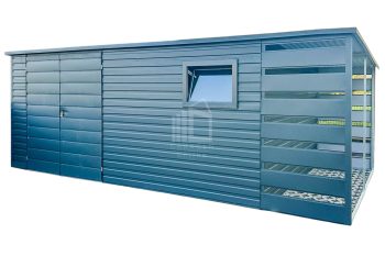 Gartenhaus - Gartenschuppen 4,5x2m + Überdachung 1m - Zweiflügeliges Tor - PVC Kippfenster - Anthrazit - Flachdach ID617