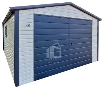 Blechgarage 4x4m - Zweiflügeliges Tor - 2x PVC Kippfenster - 2x PVC Kippfenster - Dachrinnen - Metalldachziegel - Silber - Anthrazit - Satteldach ID993