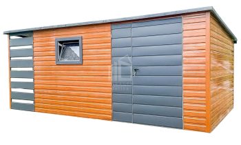 Gartenhaus - Gartenschuppen 4x2,5m + Überdachung 1m - PVC Kippfenster - Zweiflügeliges Tor - Goldene Eiche - Holzoptik - Anthrazit - Flachdach  ID618