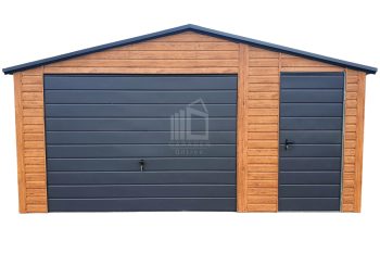 Blechgarage 5,5x6m - Schwingtor - Tür - Helles Walnussholz - Holzoptik - Anthrazit - Dachrinnen - Satteldach ID621