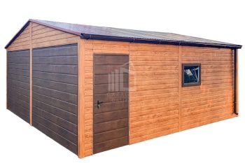 Blechgarage 6x6m - 2x Schwingtor - 2x PVC Kippfenster - Tür - Helles Walnussholz - Dunkles Walnussholz - Holzoptik - Dachrinnen - Satteldach ID623