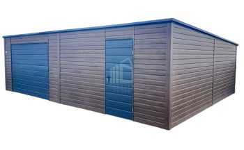 Blechgarage 8x6m - Schwingtor - Tür - Dunkles Walnussholz - Holzoptik - Anthrazit - Flachdach ID624