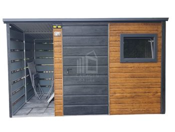 Gartenhaus - Gartenschuppen 2,5x2,5m + Überdachung 1m - Tür - PVC Kippfenster - Norwegische Kiefer - Helles Walnussholz - Holzoptik - Flachdach ID630