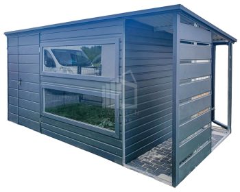 Gartenhaus - Gartenschuppen 3,8x2m + Überdachung 1m - 2x PVC Kippfenster - Tür - Anthrazit - Flachdach ID631