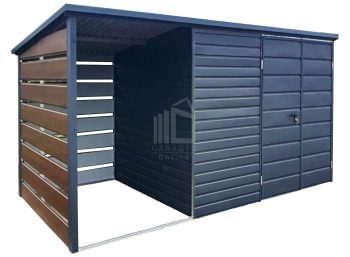 Gartenhaus - Gartenschuppen 3x2m + Überdachung 1,5m - Zweiflügeliges Tor - Anthrazit - Dunkles Walnussholz - Holzoptik - Flachdach | ID633 |