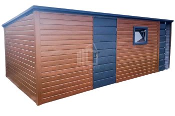 Gartenhaus - Gartenschuppen 4,5x3m + Überdachung 1,2m - Tür - PVC Kippfenster - Goldene Eiche - Holzoptik - Flachdach ID635