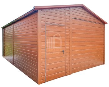 Blechgarage 4,5x6m - Schwingtor - Tür - PVC Kippfenster - Metalldachziegel - Dachrinnen - Goldene Eiche - Holzoptik - Satteldach  ID642