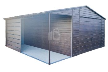 Blechgarage 4,5x6m + Überdachung 2m - Schwingtor - PVC Kippfenster - Dunkles Walnussholz - Holzoptik - Dachrinnen - Satteldach  ID643
