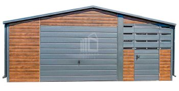 Blechgarage 4,5x6m + Überdachung 2m - 2x Tür - PVC Kippfenster - Dachrinnen - Dunkles Walnussholz - Holzoptik - Anthrazit - Satteldach ID652