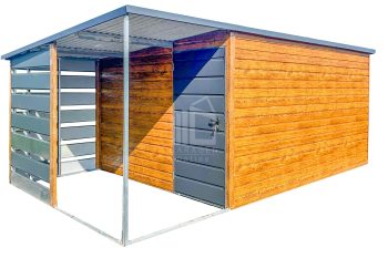 Gartenhaus - Gartenschuppen 4,5x3m + Überdachung 1,5m - Tür - Helles Walnussholz - Holzoptik - Anthrazit - Flachdach ID653