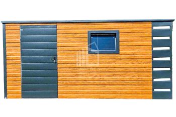 Gartenhaus - Gartenschuppen 4x2m + Überdachung 0,5m - Tür - PVC Kippfenster - Helles Walnussholz - Holzoptik - Anthrazit - Flachdach ID656