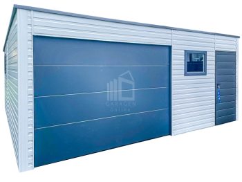Blechgarage 6,5x6m - Sektionaltor - 3x PVC Kippfenster - Tür - Weiß - Anthrazit - Flachdach  GP412