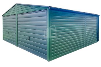 Blechgarage 6x6m - 2x Schwingtor - Grün - Anthrazit - Dachrinnen - Satteldach GP414