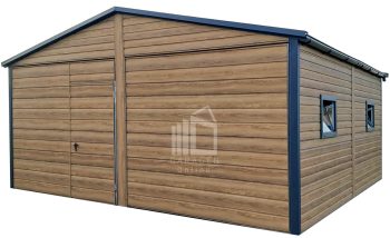 Blechgarage 6x5,8m - 2x Schwingtor - 6x PVC Kippfenster - 2x Tür - Dachrinnen - Metalldachziegel - Winchester - Holzoptik - Satteldach | ID983 |