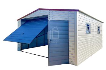 Blechgarage 5x6m - Schwingtor - Tür - 2x PVC Kippfenster - Silber - Kirsche - Anthrazit - Satteldach GP416