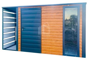 Gartenhaus - Gartenschuppen 3x3m + Überdachung 0,7m - Tür - PVC Kippfenster - Anthrazit - Flachdach GP418