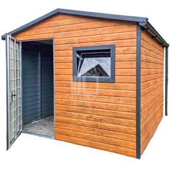 Gartenhaus - Gartenschuppen 3x3m - Tür - PVC Kippfenster - Dachrinnen - Helles Walnussholz - Holzoptik - Anthrazit - Metalldachziegel - Satteldach ID659