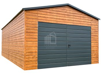 Blechgarage 4,5x6m - Zweiflügeliges Tor - Tür - Helles Walnussholz - Holzoptik - Dachrinnen - Satteldach ID664