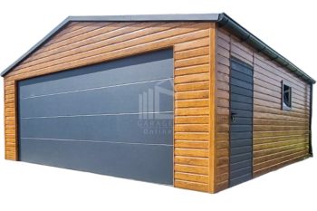Blechgarage 6,5x6m - Sektionaltor - Tür - PVC Kippfenster - Helles Walnussholz - Holzoptik - Anthrazit - Dachrinnen - Satteldach | ID665 |