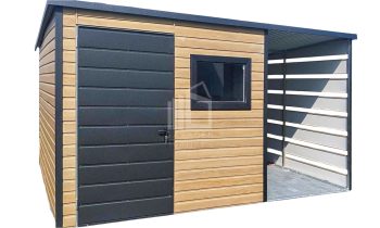 Gartenhaus - Gartenschuppen 2,5x2,5m + Überdachung 1,2m - Tür - PVC Kippfenster - Winchester - Holzoptik - Flachdach | ID669 |