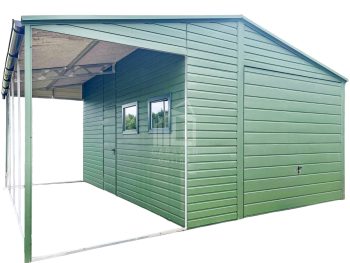 Blechgarage 4x6m + Überdachung 2m - Schwingtor - Tür - 2x PVC Kippfenster - Grün - Dachrinnen - Satteldach ID676