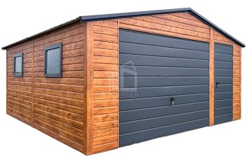 Blechgarage 5x5m - Schwingtor - Tür - 2x PVC Kippfenster - Anthrazit - Helles Walnussholz - Holzoptik - Satteldach ID679