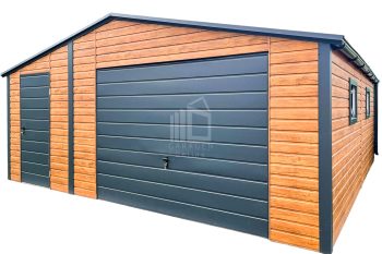 Blechgarage 6x6m - Schwingtor - Tür - 3x PVC Kippfenster - Helles Walnussholz - Holzoptik - Anthrazit - Dachrinnen - Satteldach ID681
