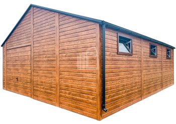 Blechgarage 7x7m -Schwingtor - Tür - 6x PVC Kippfenster - Helles Walnussholz - Holzoptik - Dachrinnen - Satteldach ID682