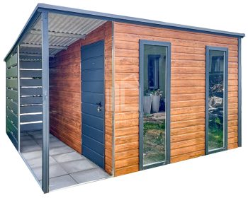 Gartenhaus - Gartenschuppen 2,7x3m + Überdachung 1m - Tür - 2x PVC Kippfenster - Helles Walnussholz - Holzoptik - Anthrazit - Flachdach ID686