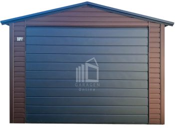 Blechgarage 3,5x5m - Schwingtor - Tür - PVC Kippfenster - Dunkles Braun - Anthrazit - Dachrinnen - Satteldach ID987