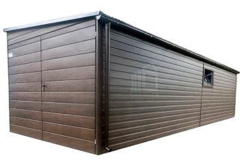Blechgarage 3x9m - Zweiflügeliges Tor - Tür - 2x PVC Kippfenster - Dunkles Walnussholz - Holzoptik - Dachrinnen - Dach mit seitlichem Gefälle ID697