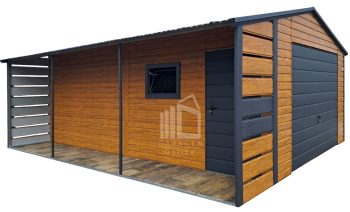 Blechgarage 4x5m + Überdachung 1m - Tür - PVC Kippfenster - Holzoptik - Anthrazit - Satteldach ID988