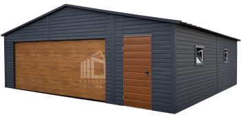 Blechgarage Premium 7,5x6m - Sektionaltor - 2x PVC Kippfenster - Tür - Anthrazit - Holzoptik - Satteldach Stehfalzblech  ID986