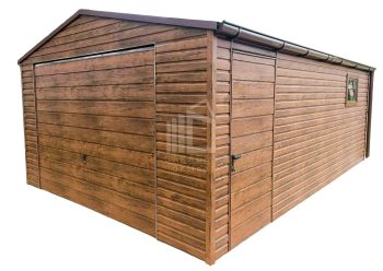 Blechgarage 4x6m Horizontal Blech - Dunkles Walnussholz Holzoptik Schwingtor ID79