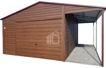 Blechgarage 4x6m + Überdachung 1,5m - Schwingtor - Tür - Holzoptik - Satteldach ID982