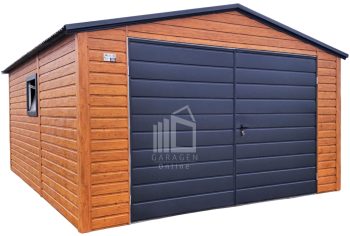 Blechgarage 4x5m - Zweiflügeliges Tor - PVC Kippfenster - Holzoptik - Satteldach ID981