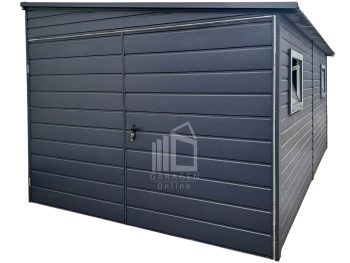Blechgarage 3x6m - Zweiflügeliges Tor - 2x PVC Kippfenster - Anthrazit - Dach: Neigung nach rechts ID754