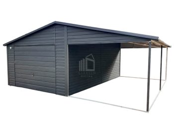 Blechgarage 4x6m + Überdachung 4x6m - Schwingtor - Anthrazit - Metalldachziegel - Satteldach  ID541