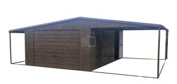 Blechgarage 4x6m +2x Überdachung Schwingtor Metalldachziegel Holzoptik Dachrinnen Satteldach GP253