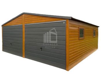 Blechgarage 6x6m Satteldach 2x Schwingtor 2x PVC Kippfenster Holzoptik ID203