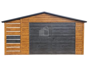 Gartenhaus - Schuppen 4x5m + Überdachung 1m - Zweiflügeliges Tor - PVC Kippfenster - Dachrinnen - Helles Walnussholz - Norwegische Kiefer - Holzoptik - Satteldach ID550