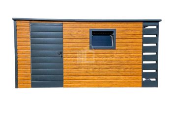 Gartenhaus - Schuppen 4,5x2m + Überdachung 0,5m - Zweiflügeliges Tor - PVC Kippfenster - Helles Walnussholz - Holzoptik - Anthrazit - Flachdach | GP383 |