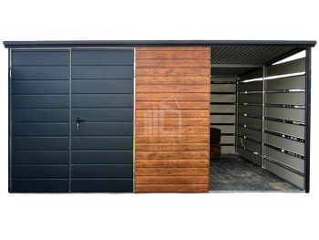 Gartenhaus - Gartenschuppen 3x3m + Zweiflügeliges Tor - Anthrazit - Helles Walnussholz - Holzoptik - Flachdach ID704