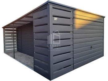 Blechgarage 3x6m + Überdachung 1m - Schwingtor - Tür - Anthrazit - Flachdach ID965