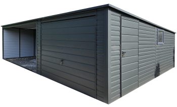 Blechgarage 3,5x6m + Überdachung 5m - Schwingtor - PVC Kippfenster - Tür - Anthrazit - Flachdach GP574